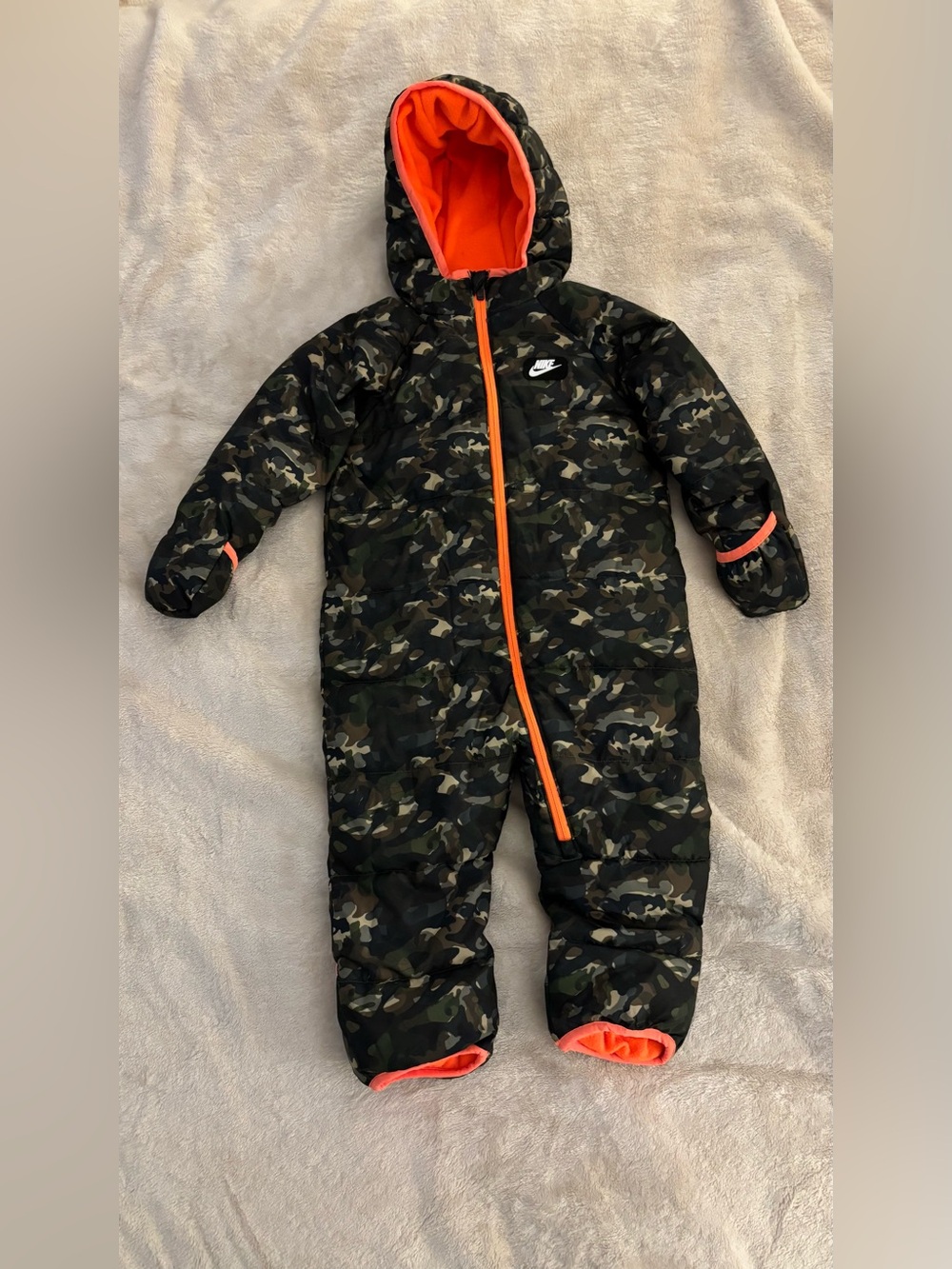 Nike Kids Camo One-Piece Snowsuit with Orange Accents